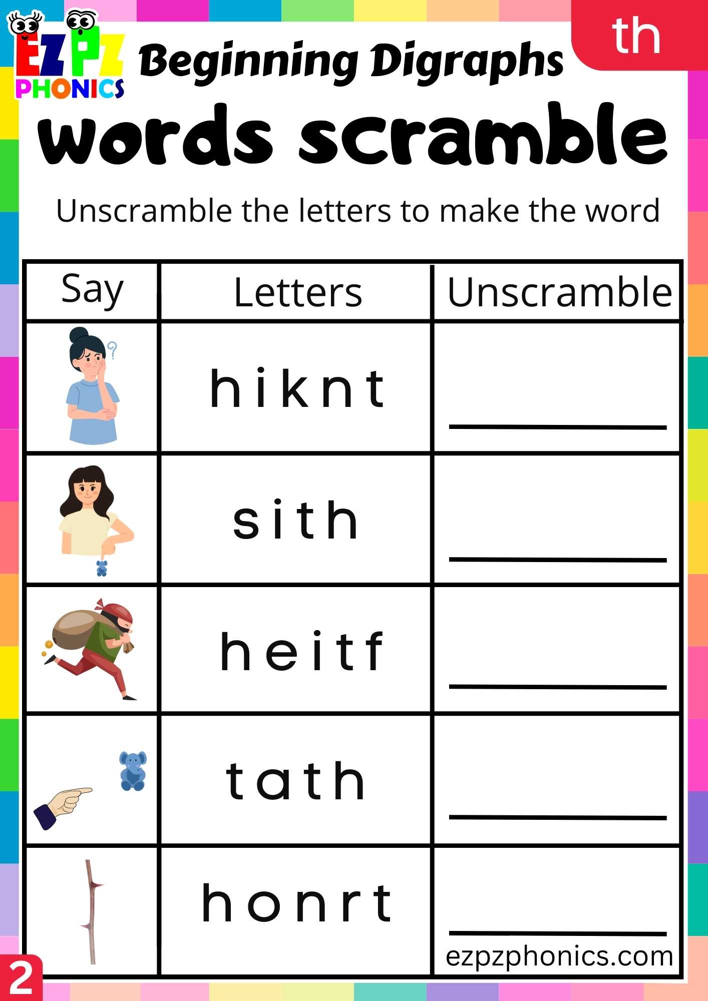 Group2 TH Words Words Scramble Consonant Digraphs Phonics Beginning Worksheet